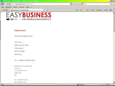 Screenshot: EASY BUSINESS / LECC d.o.o. Impressum