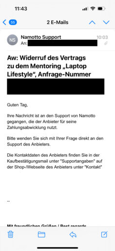 Screenshot Widerruf Namotto Support