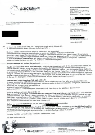 Scan: Anschreiben Glücksuhr24 / Mai 2025