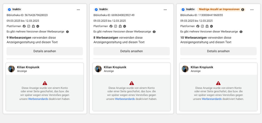 Screenshot Meta Werbebibliothek