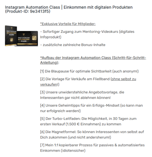 Screenshot Payment Seite Instagram Automation Class / Jan 26